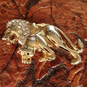 3/$30 Lion lioness gold pin brooch with crystals
